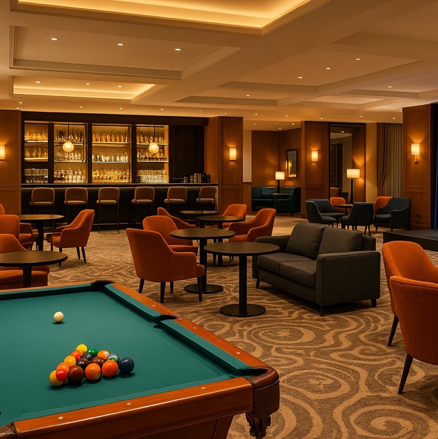 Stylish hotel lounge with live music and ambient lighting